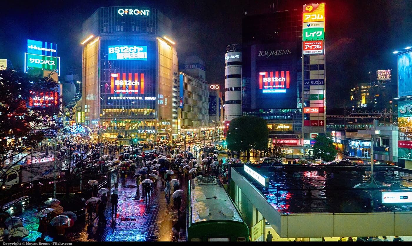 Umbrellas crossing the Shibuya Scramble on a rainy night under the QFront screens