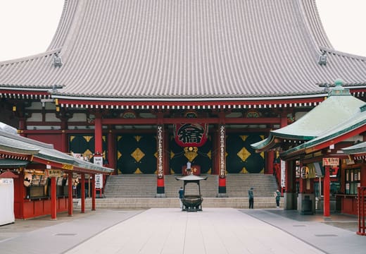 The main hall of Senso-ji in Asakusa with its courtyard almost empty in early morning
