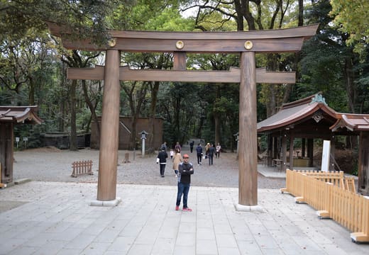 The great wooden torii at Meiji Jingu seen from the inner shrine approach