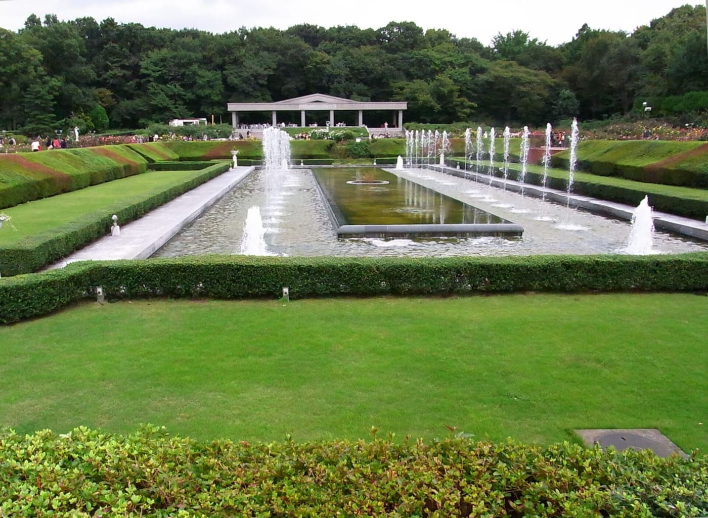 Fountains and lawns of the sunken rose garden at Jindai Botanical Gardens in Chofu