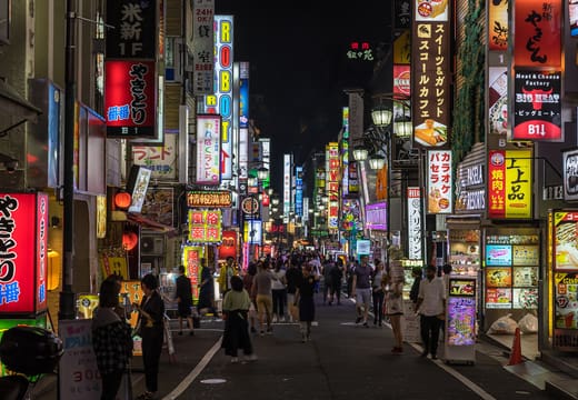 Crowds under stacked neon signs on a Kabukicho street in Shinjuku at night