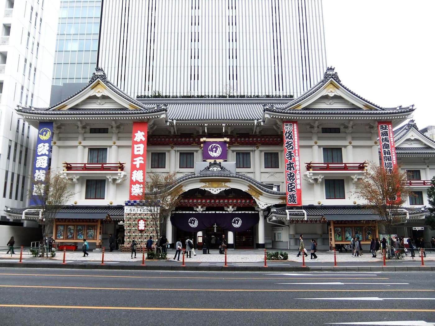 Kabukiza Theatre facade with its curved gables and banners on Harumi-dori in Ginza