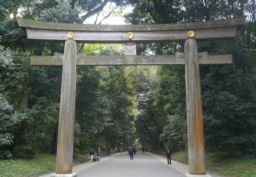 The great wooden torii of Meiji Jingu over the gravel path through the shrine forest