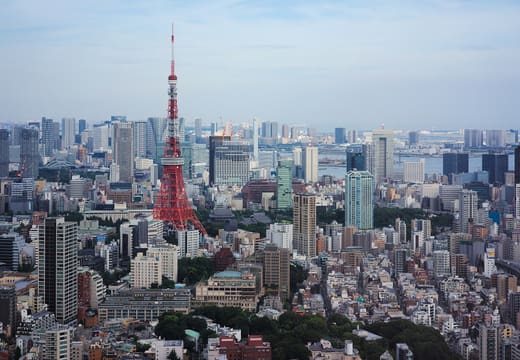 Tokyo Tower and the city below seen from the Mori Tower observation deck in Roppongi