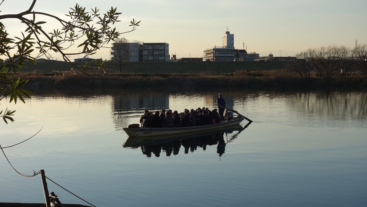 The Yagiri no Watashi rowing ferry crossing the Edo River from Shibamata in winter light