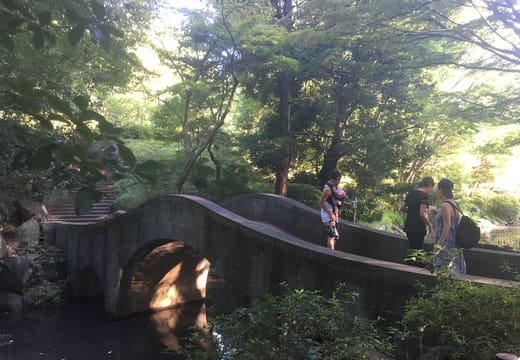 Stone arch bridge in the wooded valley of Arisugawa-no-miya Memorial Park