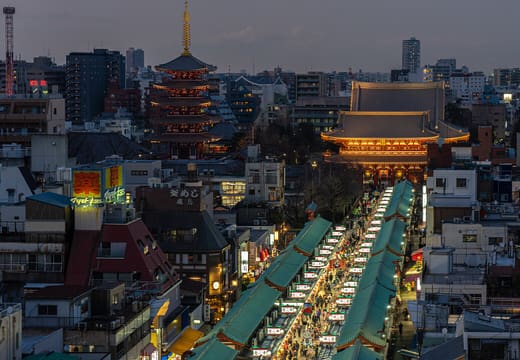 View from the free rooftop terrace of Nakamise leading to Senso-ji at dusk, Asakusa