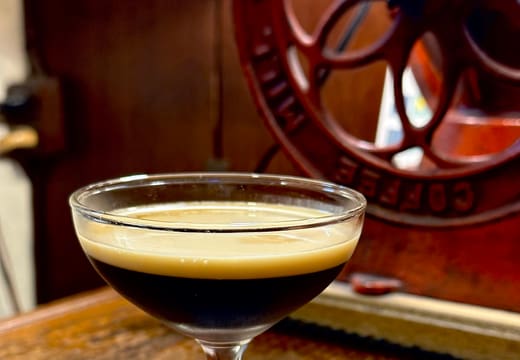 Blanc et Noir iced coffee with cream in a coupe glass at Cafe de l'Ambre, Ginza