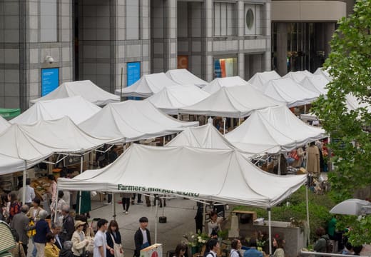 Market tents lined up in front of the United Nations University building in Aoyama