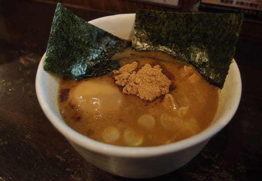 Rich chicken and fish tsukemen dipping soup with egg and nori at Fuunji, Shinjuku