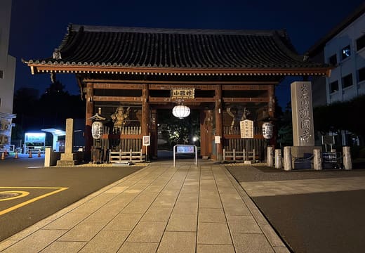 Wooden Niomon gate of Gokokuji Temple lit at night at the head of Otowa-dori