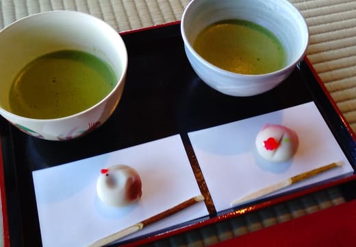 Bowls of matcha with seasonal wagashi sweets served at the tea house in Hamarikyu Gardens