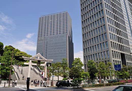 Distinctive Sanno torii of Hie Shrine at the foot of its steps among Akasaka office towers