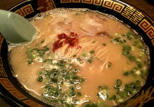 Ichiran tonkotsu ramen with red chilli sauce and spring onions in Shibuya