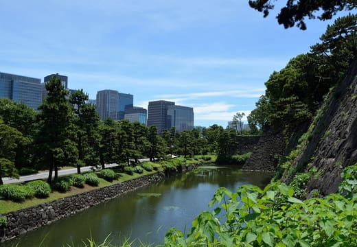 Moat below the East Gardens walls with Marunouchi office towers beyond