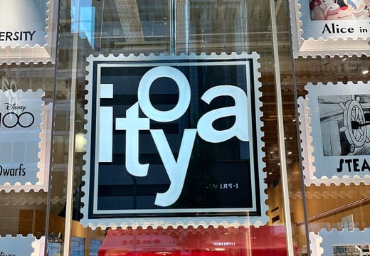 Itoya logo sign in a stationery window display at Itoya Ginza