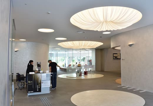 Bright lobby with a large pendant lamp inside the Japanese Sword Museum, Ryogoku