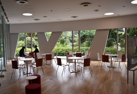 Lounge tables overlooking the garden through tall windows at the Japanese Sword Museum