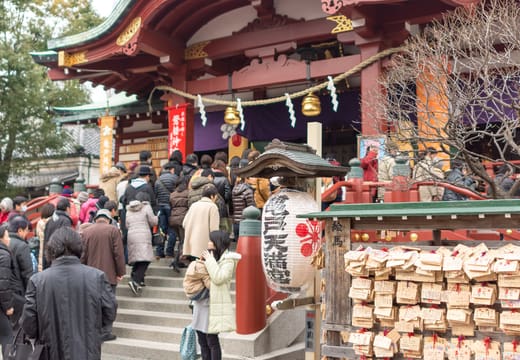 Worshippers queueing at the ornate hall of Kameido Tenjin Shrine during plum season