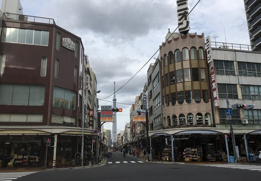Kappabashi-dori with the giant chef head atop the Niimi tableware building in Asakusa