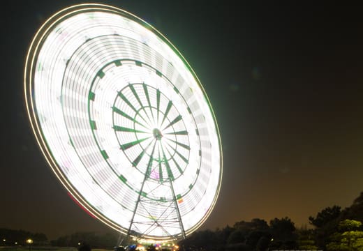 Lit Ferris wheel of Kasai Rinkai Park reflected in a pond at night