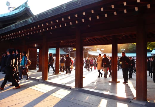 Sunlit cedar cloister corridor around the main courtyard of Meiji Shrine in Harajuku