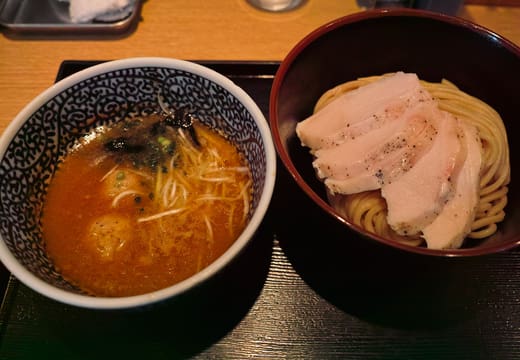 Tsukemen noodles topped with chashu beside the rich dipping broth at Menya Itto, Shin-Koiwa