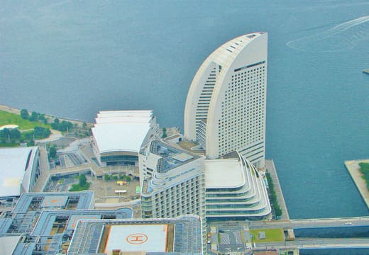 Sail-shaped InterContinental Yokohama Grand hotel on the Minato Mirai waterfront from above