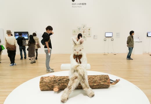 Visitors beside a rabbit sculpture on a log inside the Museum of Contemporary Art Tokyo