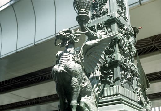 Winged bronze kirin statue on the lamp post of Nihonbashi Bridge