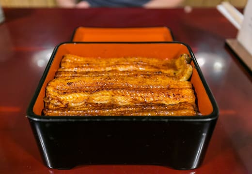 Grilled eel unaju in a red lacquer box served at Obana, Minami-Senju