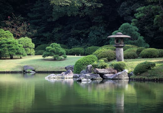 Stone lantern and clipped shrubs beside the central pond of Rikugien Gardens, Komagome