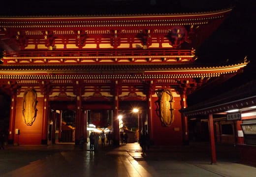 Hozomon gate of Senso-ji glowing red at night with its giant lanterns, Asakusa