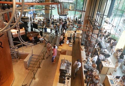 Main coffee bar and roasting floor of Starbucks Reserve Roastery Tokyo seen from above