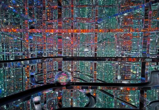 Mirrored room of coloured light patterns at teamLab Borderless in Azabudai Hills