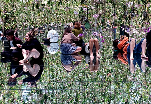 Visitors sitting beneath a suspended garden of living orchids at teamLab Planets