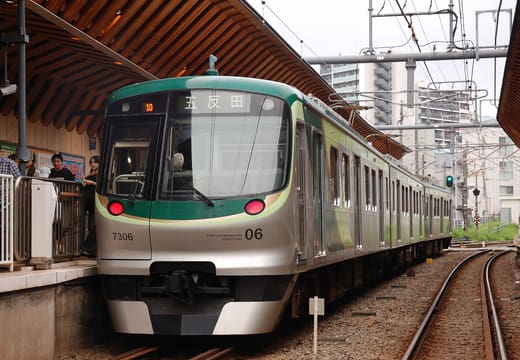 Tokyu Ikegami Line train at the wooden-roofed Togoshi-Ginza Station platform