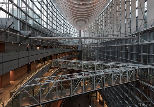 Glass Hall of the Tokyo International Forum with its suspended walkways and ship-hull roof