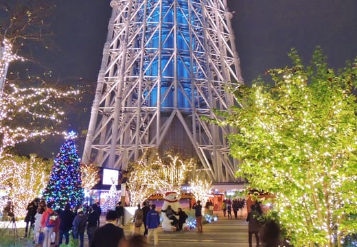 Christmas illuminations and crowds at the foot of Tokyo Skytree in winter