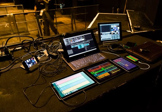 VJ booth with laptops and controllers set up inside Womb nightclub, Shibuya