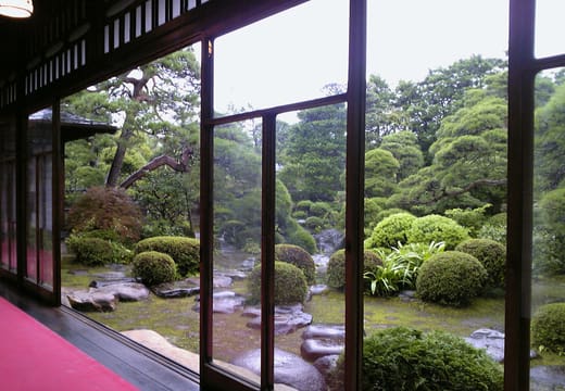Shoin garden of Yamamoto-tei seen through the open wooden doors of its tatami rooms, Shibamata