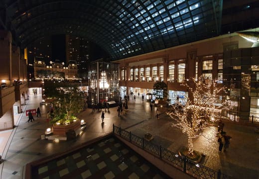 Winter illuminations under the glass arcade of Yebisu Garden Place at night