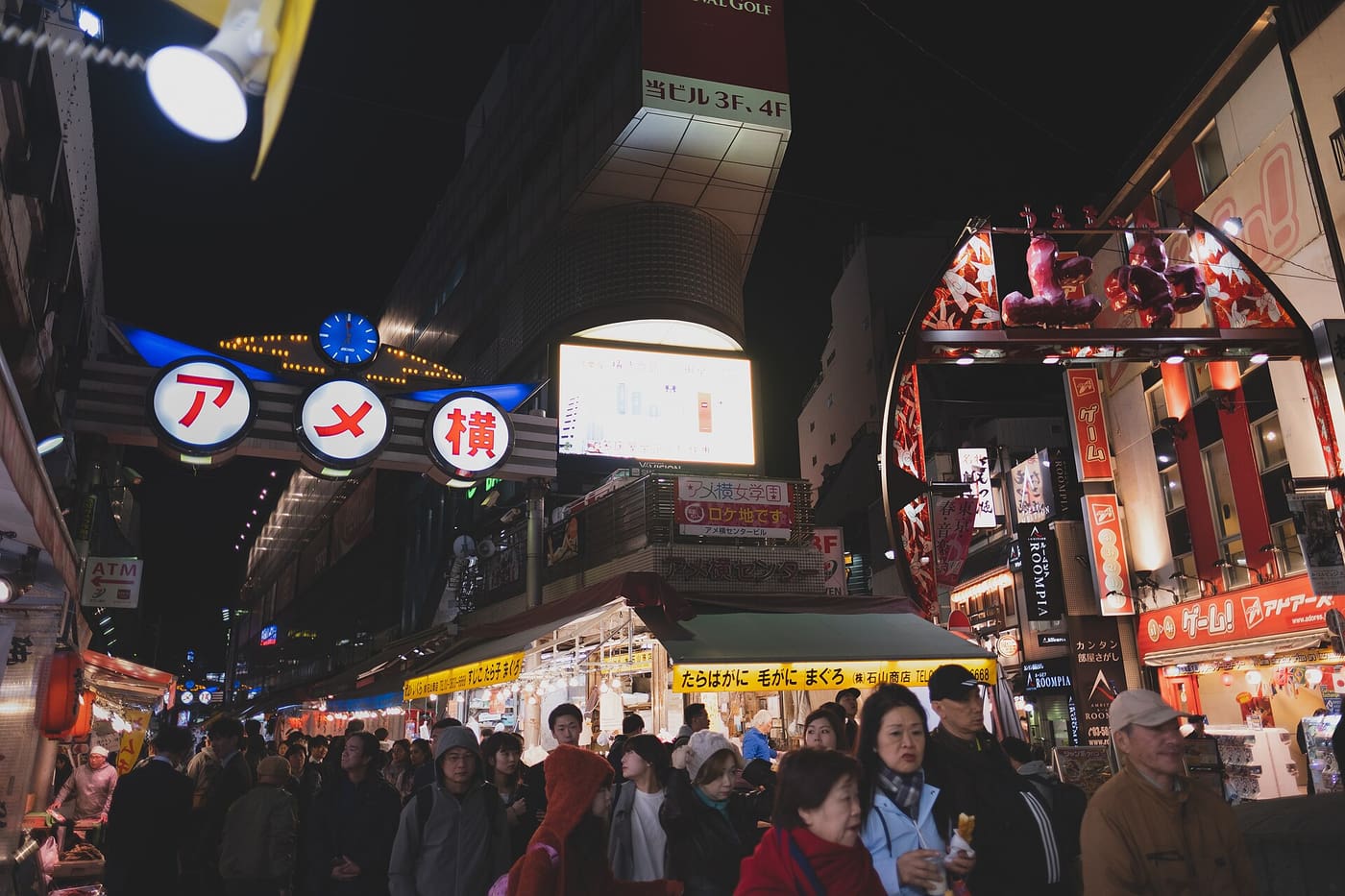 Evening crowds under the Ameyoko sign in the market street beside Ueno Station