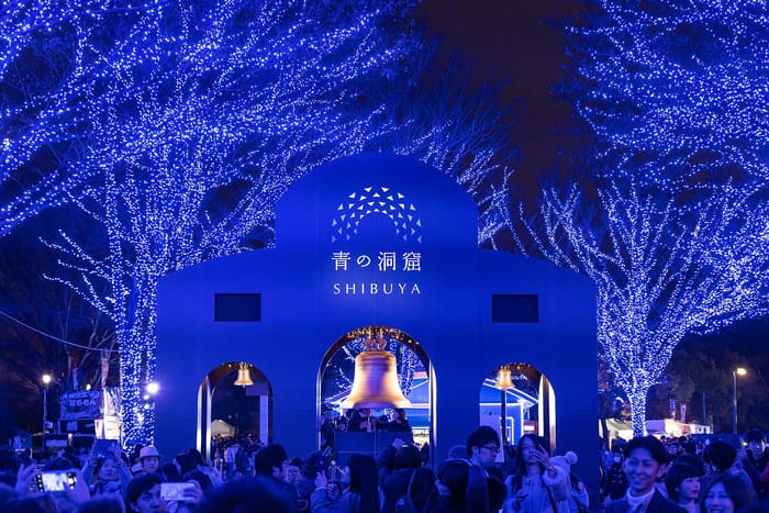 Blue lights covering the trees of the Ao no Dokutsu illumination in Shibuya