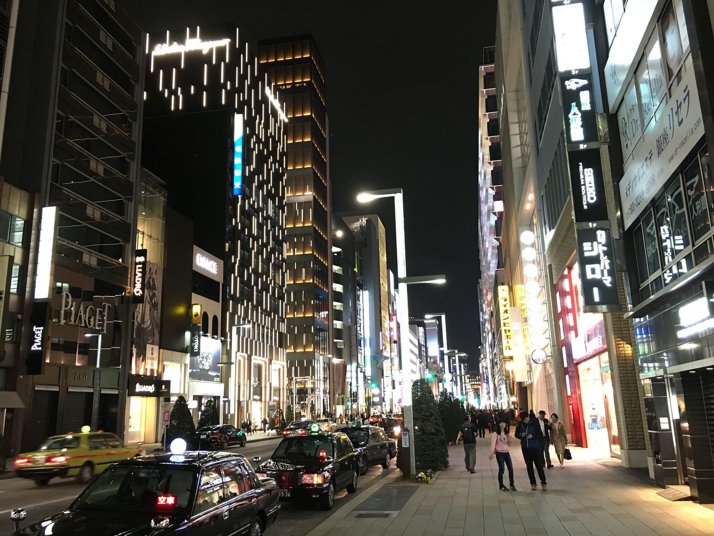 Department stores along Chuo-dori in Ginza lit up at night