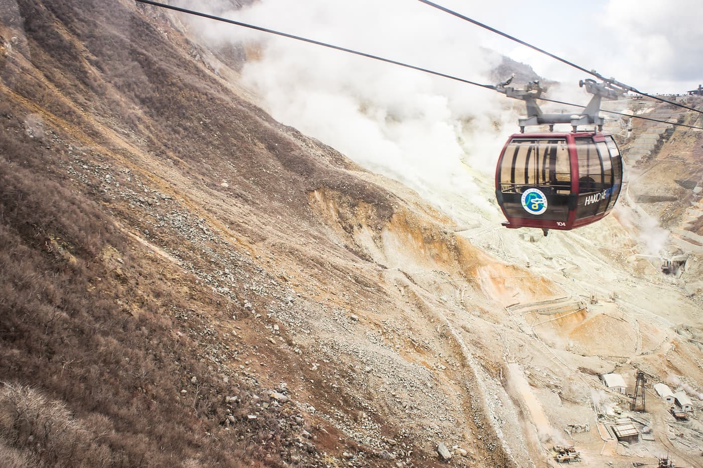 A Hakone Ropeway gondola passing over the steaming slopes of Owakudani