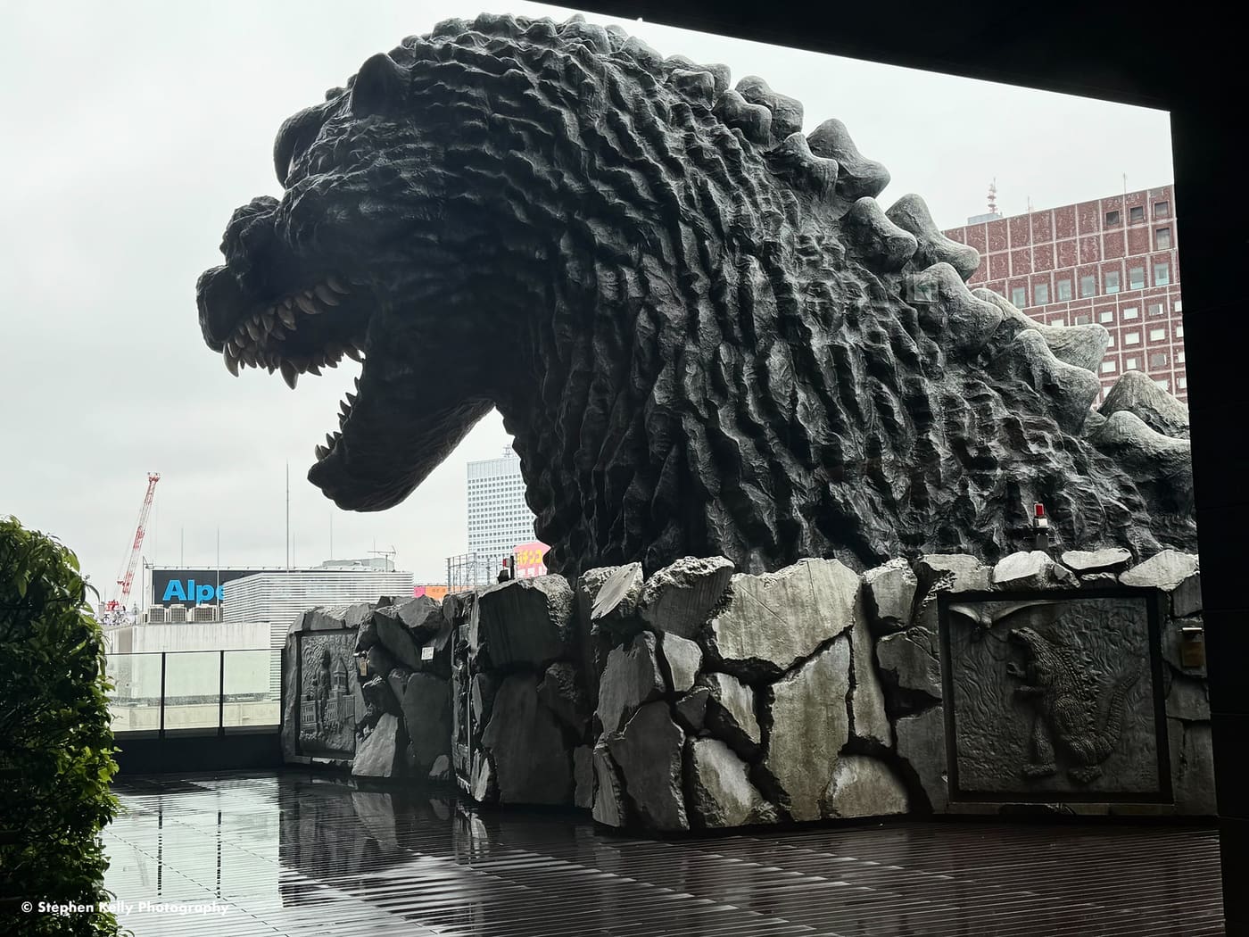 The Godzilla head on the terrace of Hotel Gracery Shinjuku in Kabukicho