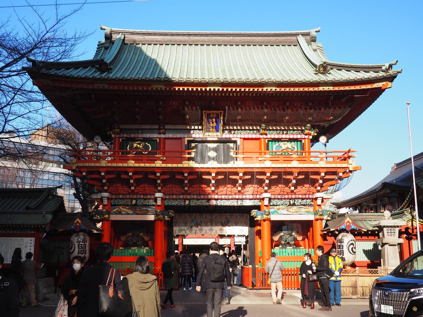 The red and gold Zuishinmon gate of Kanda Myojin shrine near Akihabara