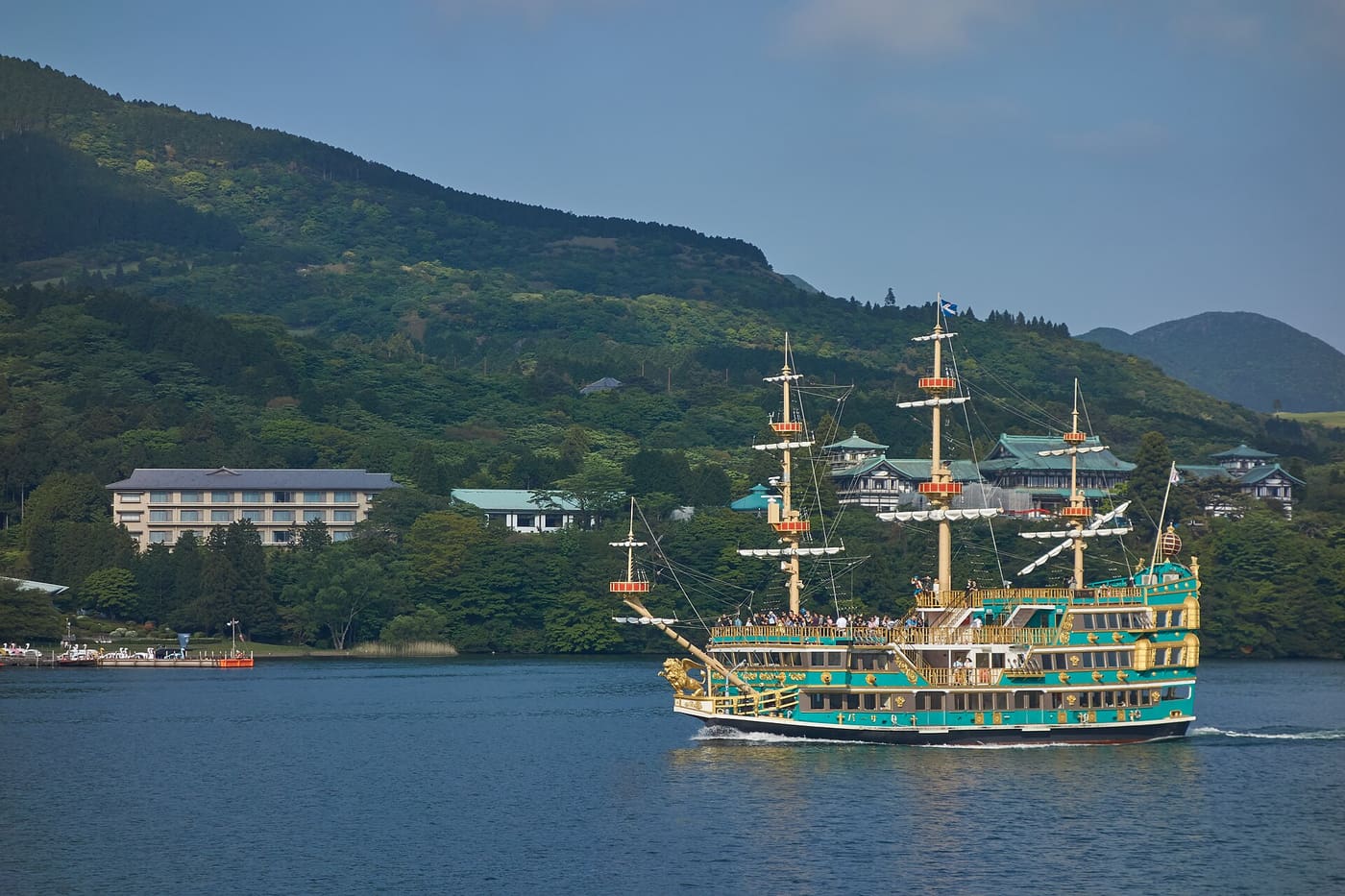 A pirate sightseeing boat crossing Lake Ashi in Hakone in May