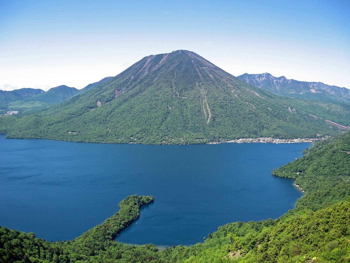 Lake Chuzenji and the cone of Mount Nantai seen from above, Oku-Nikko
